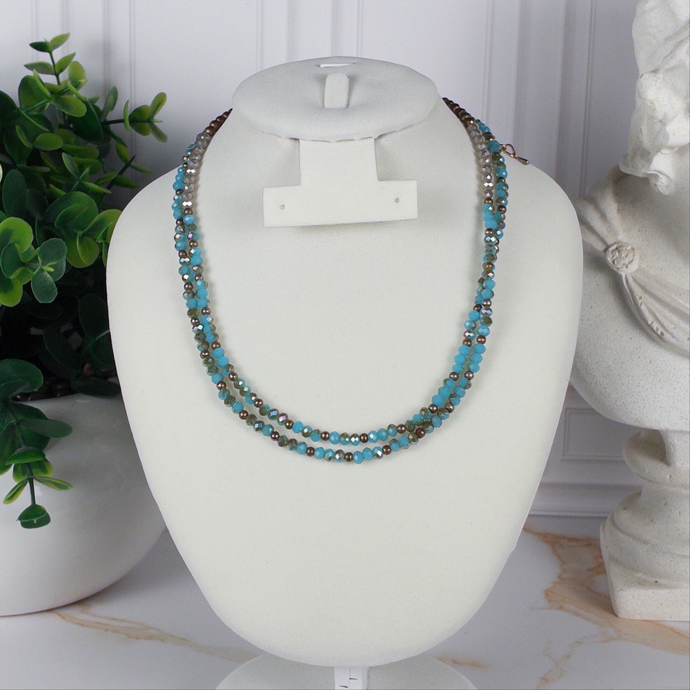 Turquoise Blue Crystal Beaded Double Strand Necklace Bronze Iridescent 16-19in